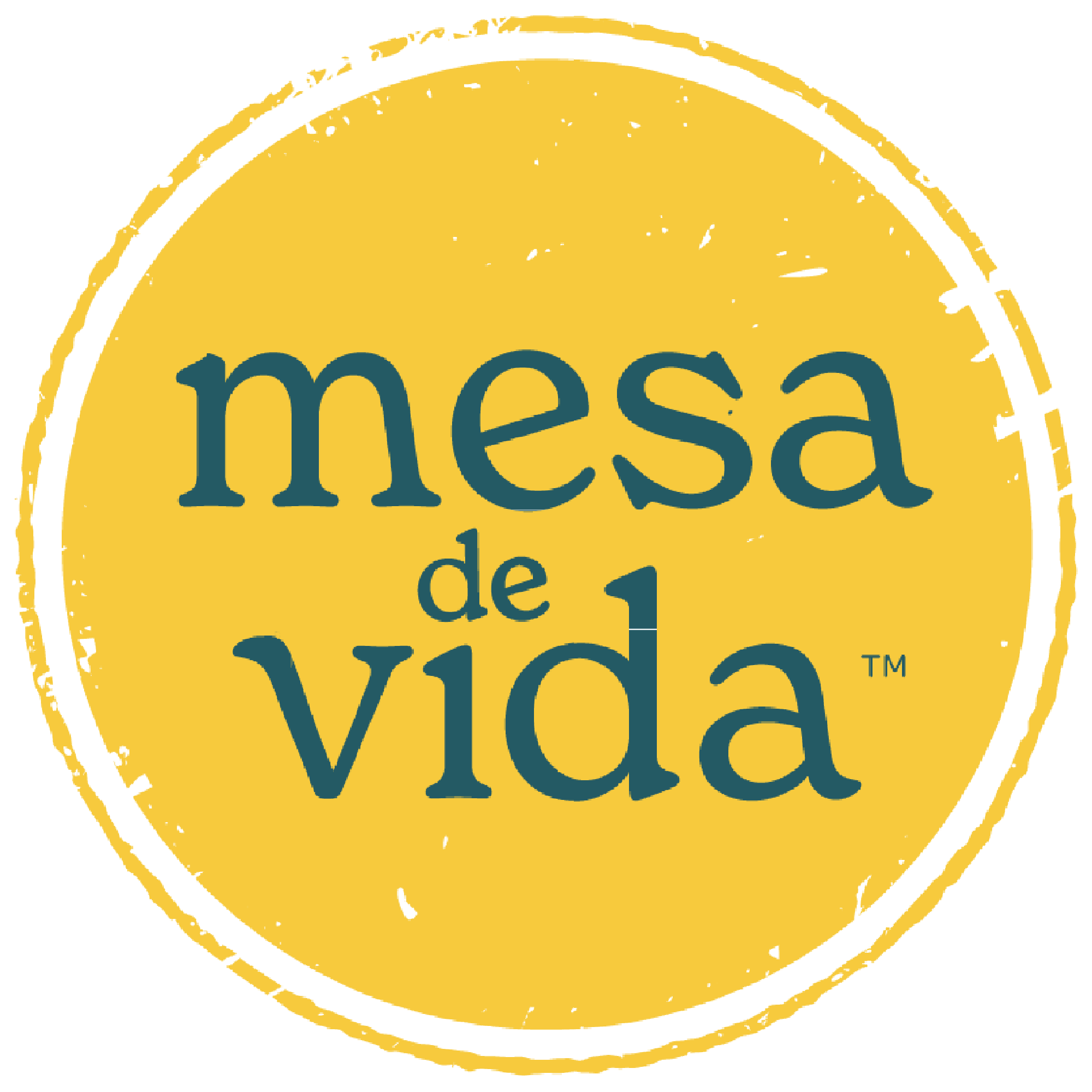 Mesa de Vida logo - a gold circle (nodding to the sun, a passport stamp, or a round table) with the words "Mesa de Vida" in teal