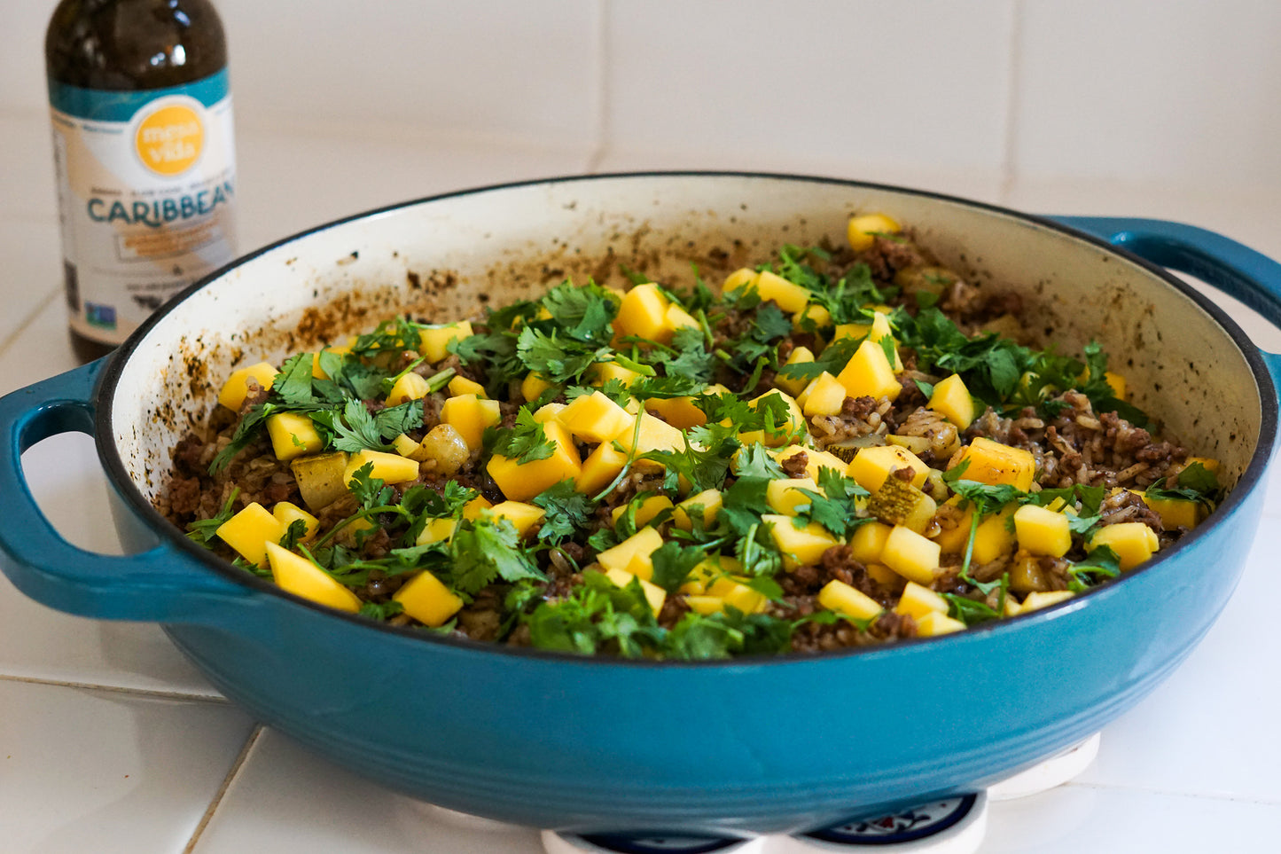 Mesa de Vida one-pan skillet meal with rice and beef and Caribbean inspired flavors