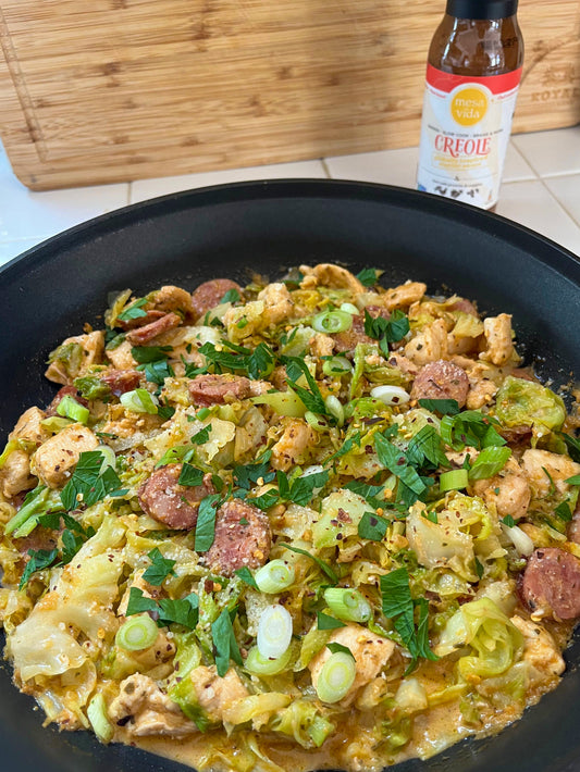 mesa de vida creamy creole chicken sausage and cabbage skillet