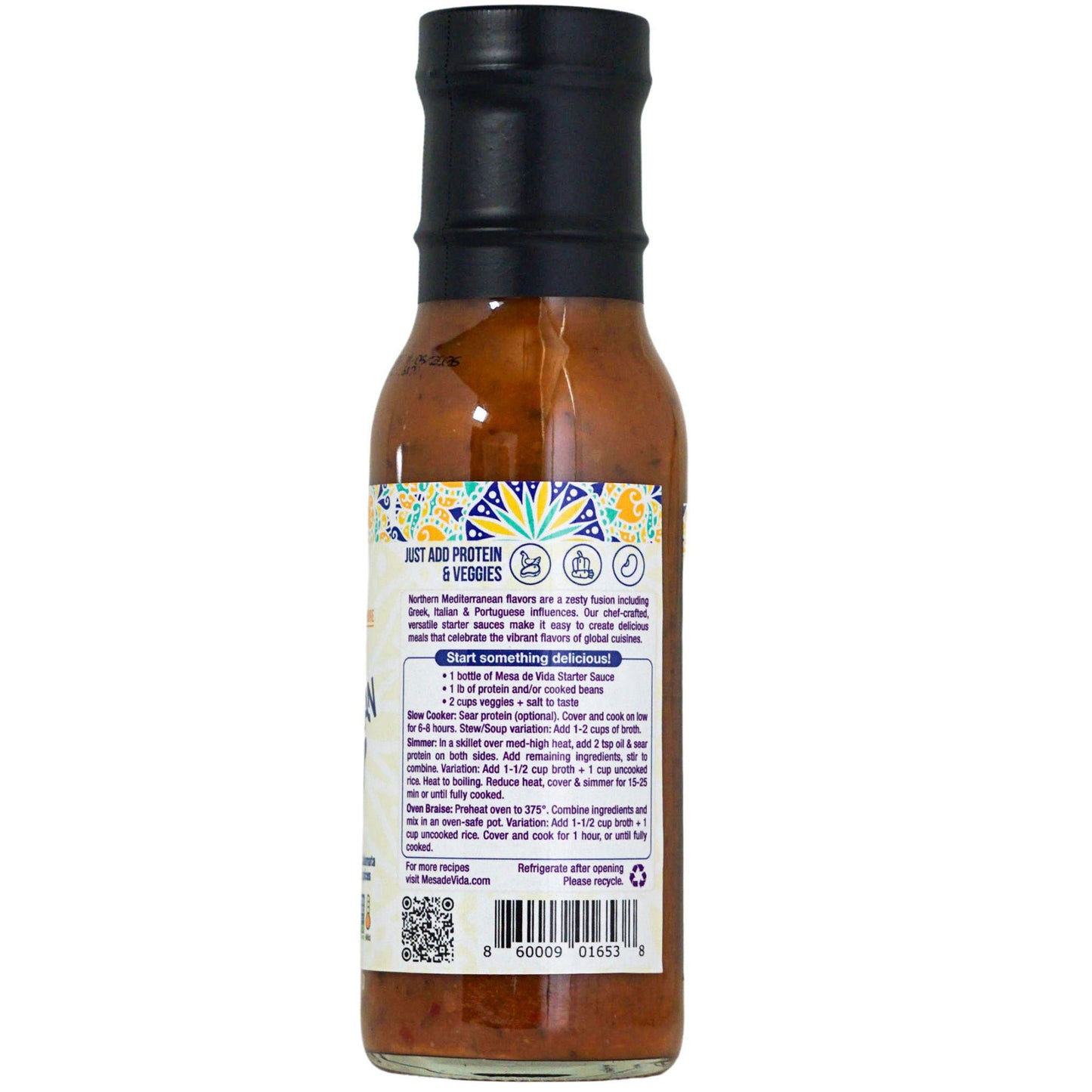 Back of the bottle on Mesa de Vida's Mediterranean cooking sauce 